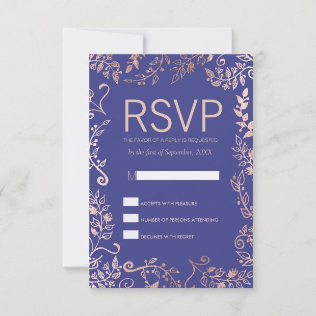 Elegant Royal Blue Rose Gold Floral RSVP Cards (Front)