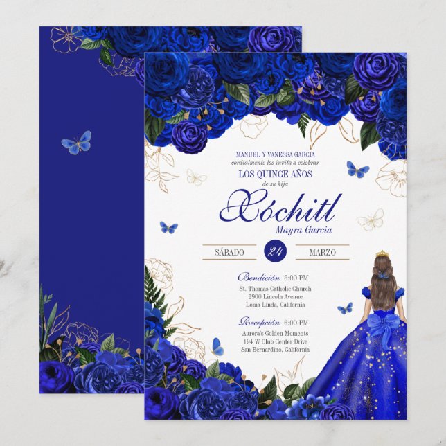 Elegant Royal Blue Roses Butterfly Quinceañera Inv Invitation (Front/Back)