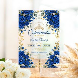 Elegant Royal Blue Roses Golden Quinceañera Acrylic Invitations