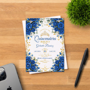 Elegant Royal Blue Roses Golden Quinceañera Acrylic Invitations