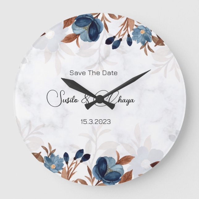 elegant Royal Blue Rustic  modern savethedate.  Large Clock (Front)