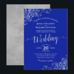 Elegant Royal Blue & Silver Calligraphy Wedding Invitation<br><div class="desc">This beautiful wedding invitation features a simple yet elegant design with lacy script calligraphy on a vivid royal blue background and frilly silver grey faux foil filigree in the corners. The wording is formal,  but the layout is modern and stylish.</div>