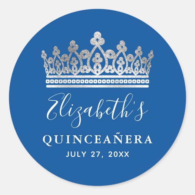 Elegant Royal Blue Silver Crown Quinceanera Classic Round Sticker (Front)