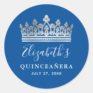Elegant Royal Blue Silver Crown Quinceanera Classic Round Sticker