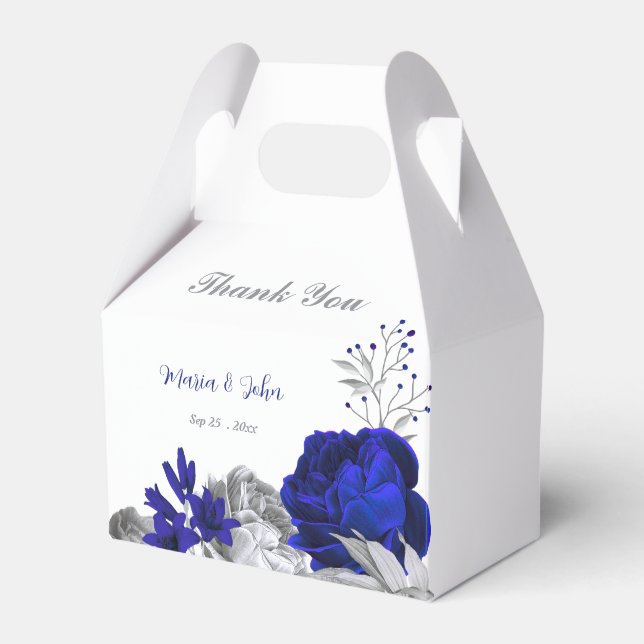 elegant royal blue silver flowers wedding favor box (Front Side)