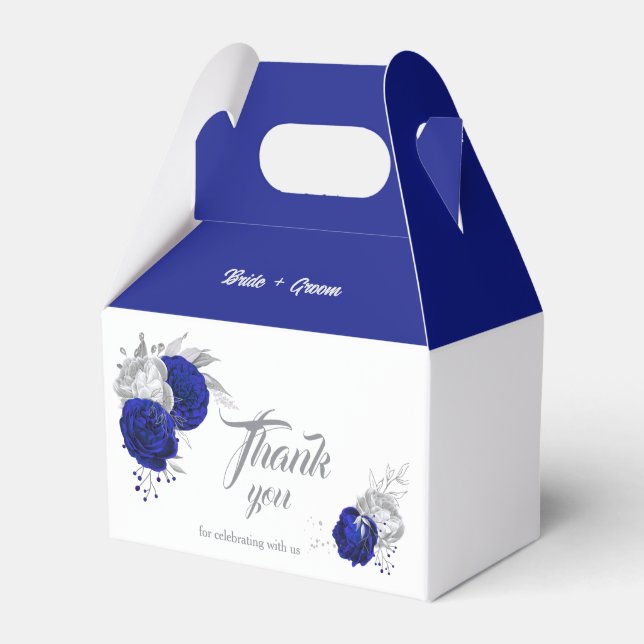 elegant royal blue silver flowers wedding favor box (Front Side)