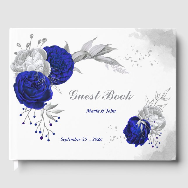 elegant royal blue silver flowers wedding guest book (Front)