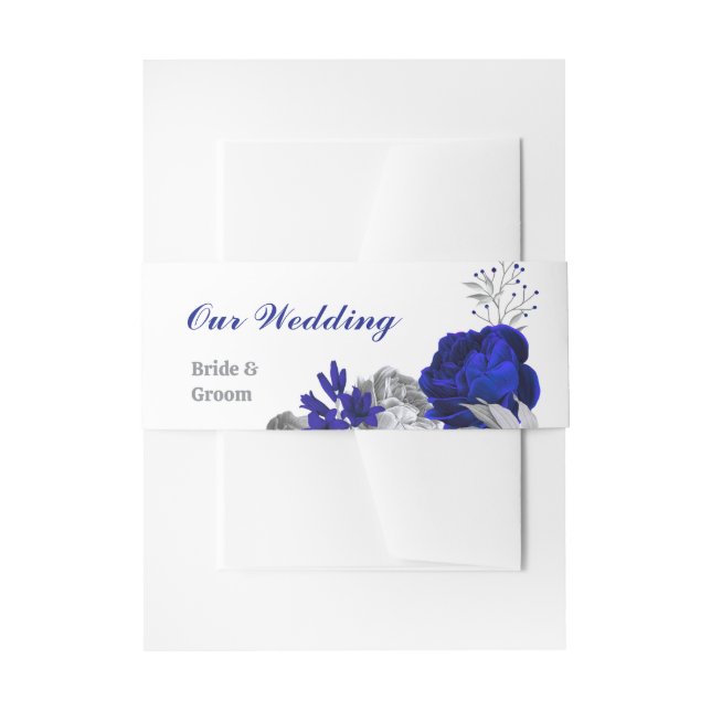elegant royal blue silver flowers wedding invitation belly band (Front Example)