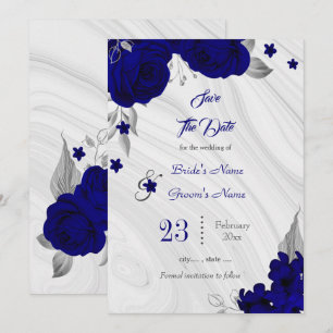 elegant royal blue silver grey floral save the date