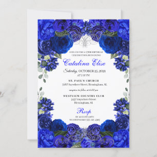 Elegant Royal Blue Silver Quinceanera Birthday Inv Invitation