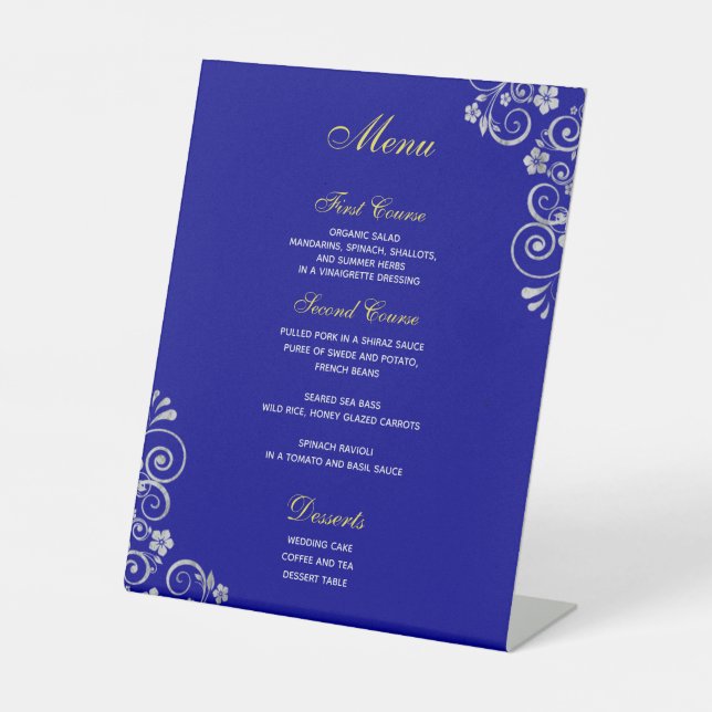 Elegant Royal Blue Silver  Script Wedding Menu Pedestal Sign (Front)