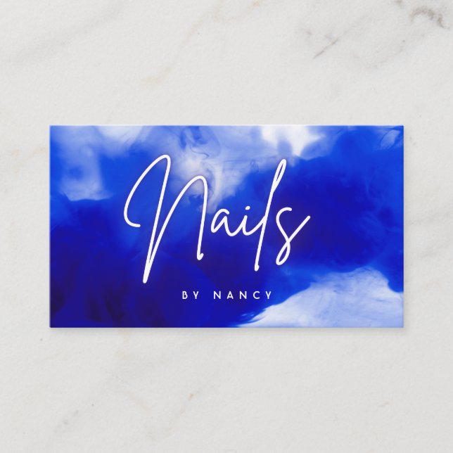 Elegant Royal Blue Smoke & Neon Nail Artist  Business Card (Front)