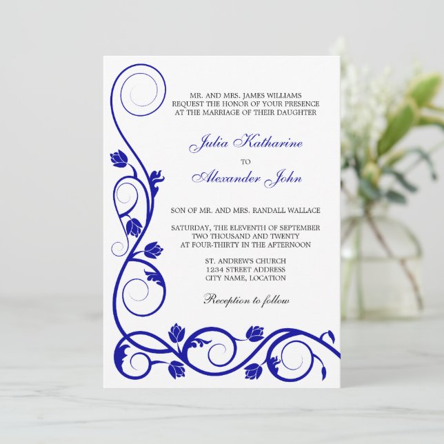 Elegant Royal Blue Swirls Invitation (Standing Front)