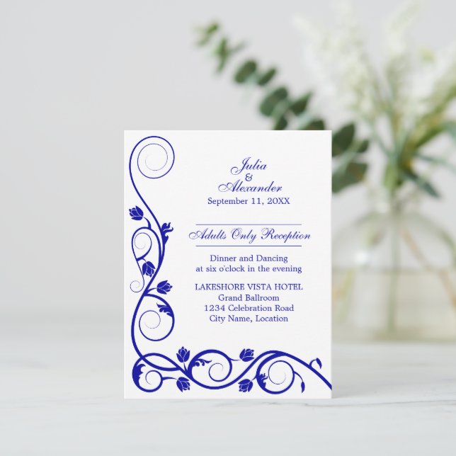 Elegant Royal Blue Swirls Reception Invitation (Standing Front)