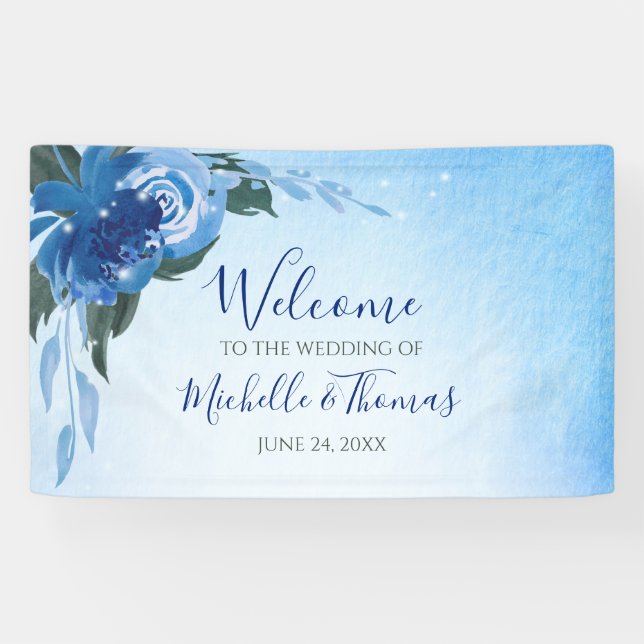 Elegant Royal Blue Watercolor Floral Greenery Banner (Horizontal)