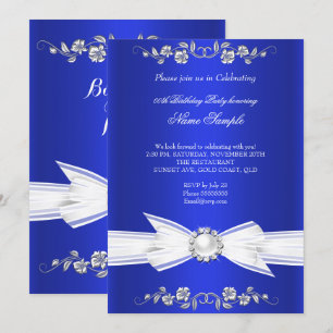 Elegant Royal Blue White Pearl Jewel Bow Birthday Invitation