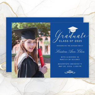 Elegant Royal Blue White Script Photo Graduation Announcement
