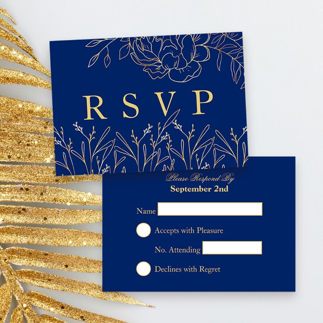 Elegant Royal Blue with Gold Sketched Flowers RSVP Card (Blue and Gold Quinceanera Response Card, from my Gold Sketched Floral collection
)