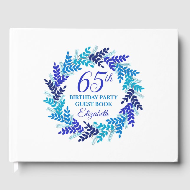 Elegant Royal Blue Wreath 65th Birthday Party Guest Book (Front)