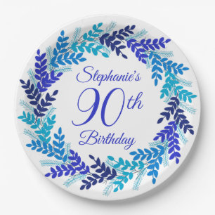 Elegant Royal Blue Wreath 90th Birthday Paper Plate