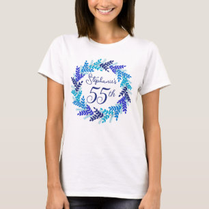 Elegant Royal Blue Wreath Monogram 55th Birthday T-Shirt