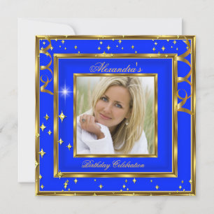Elegant Royal Cobalt Blue Gold Photo Birthday Invitation