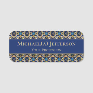 Elegant Royal Dark Blue And Golden Baroque Pattern Name Tag