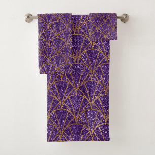 Elegant Royal Deco Purple Glitter Gold Geometic Bath Towel Set