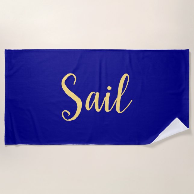 Elegant Royal Navy Blue Fancy "Sail" Script Text Beach Towel (Front)