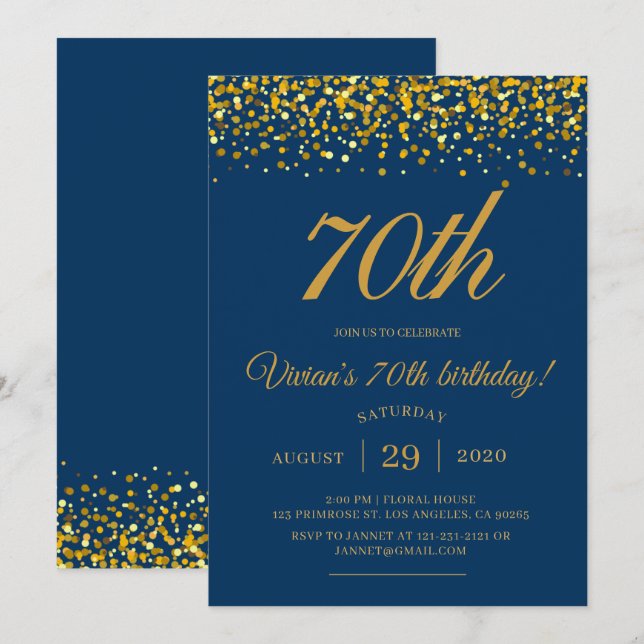 Elegant Royal Navy Blue & Gold Glitter Birthday Invitation (Front/Back)