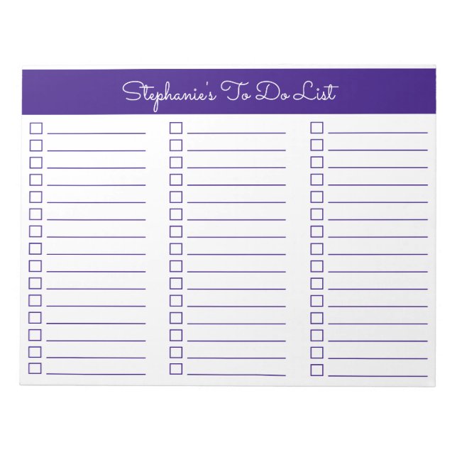 Elegant Royal Purple 8.5x11 Three Column Checklist Notepad (Front)