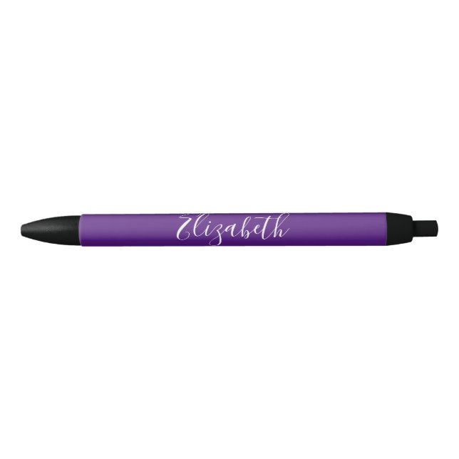 Elegant Royal Purple and White Script Text Name Black Ink Pen (Front)