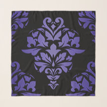 Elegant Royal Purple Damask On Black Chiffon Scarf