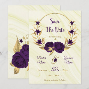 elegant royal purple gold floral wreath save the date