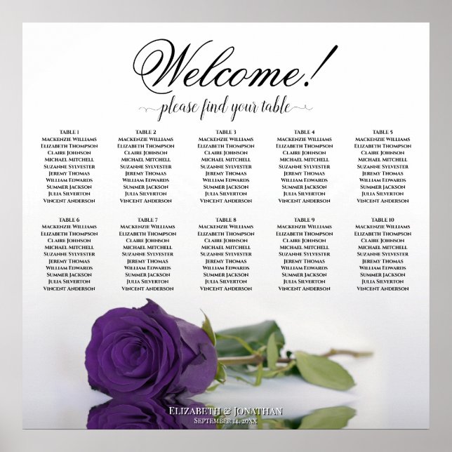 Elegant Royal Purple Rose 10 Table Seating Chart (Front)