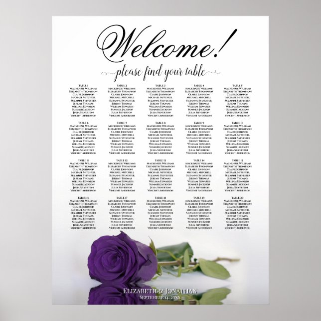 Elegant Royal Purple Rose 20 Table Seating Chart (Front)