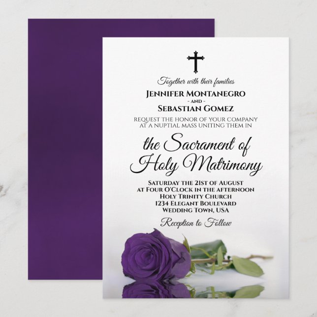 Elegant Royal Purple Rose Modern Catholic Wedding Invitation (Front/Back)