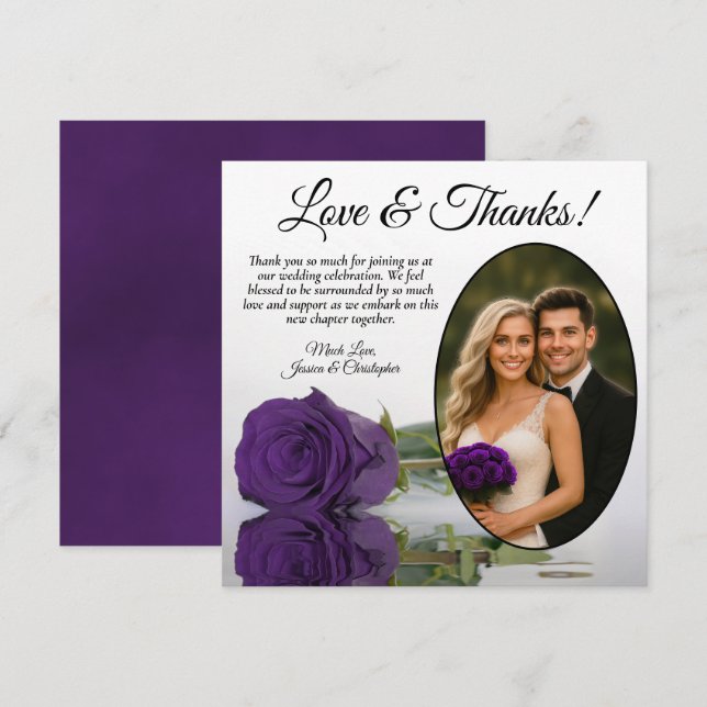 Elegant Royal Purple Rose Oval Photo Wedding Thank You Card (Front/Back)