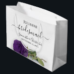 Elegant Royal Purple Rose Posh Bridesmaid Wedding Large Gift Bag<br><div class="desc">These beautiful gift bags are designed as a wedding gift or favour bag for your Bridesmaids. They feature a simple yet stunning design with a long stemmed deep royal purple coloured rose lying on its side. The title "Bridesmaid" written in fancy script letters with swashes on the ends. There is...</div>