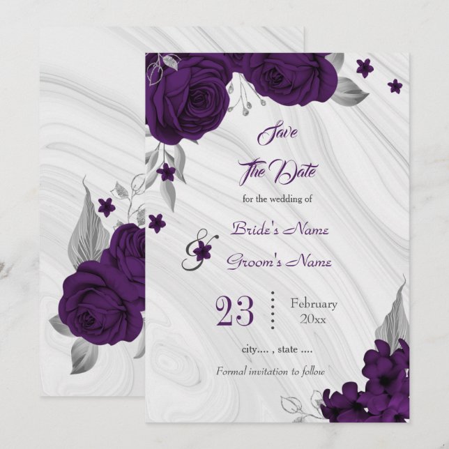 elegant royal purple silver grey floral leaves save the date (Front/Back)