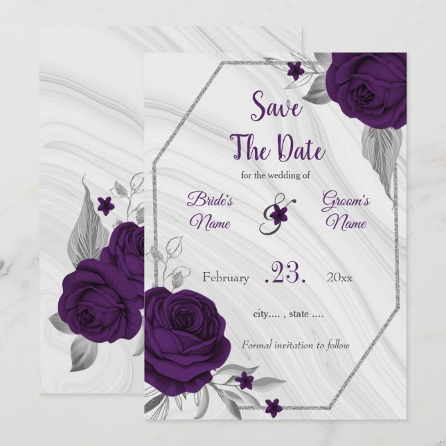 elegant royal purple silver grey floral save the date (Front/Back)