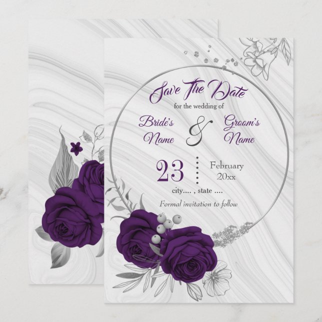 elegant royal purple silver grey floral save the date (Front/Back)