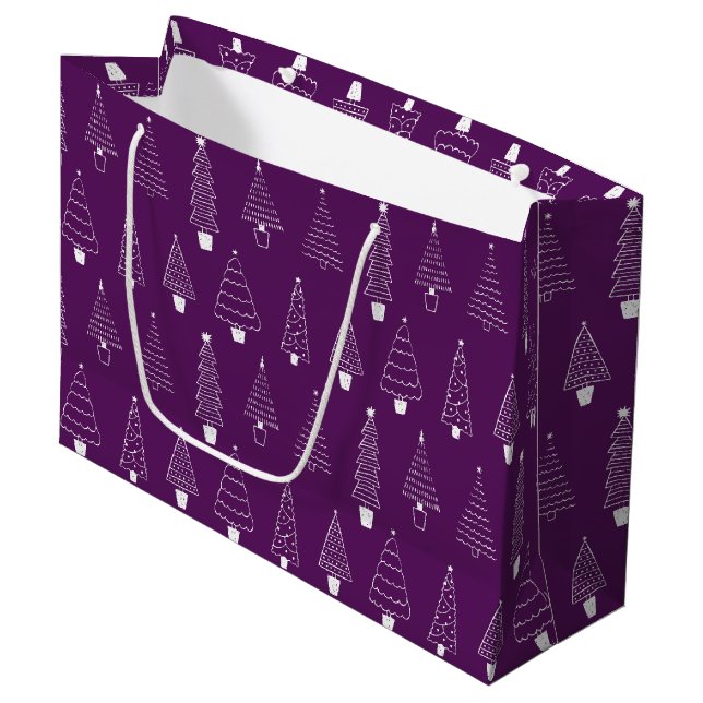 Elegant Royal Purple White Christmas Pine Trees Large Gift Bag (Front Angled)
