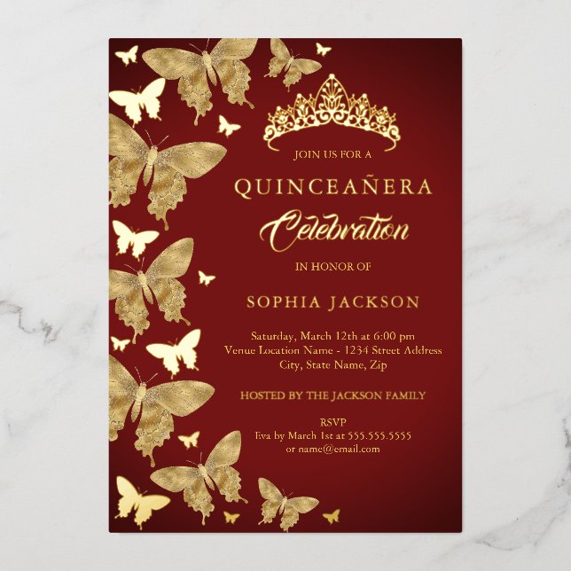 Elegant Royal Red Gold Butterfly Quinceanera (Front)
