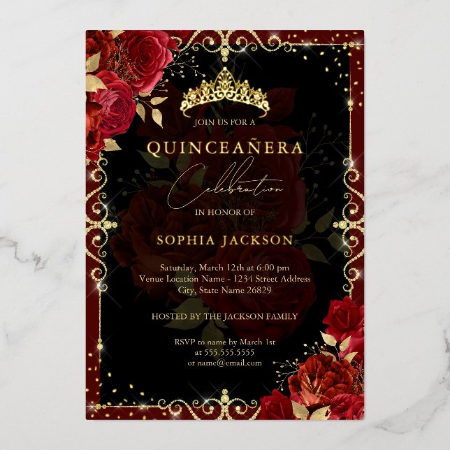 Elegant Royal Red Sparkle Gold Rose Quinceanera (Front)
