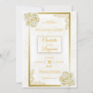 Elegant Royal White Gold Rose Wedding Invitation