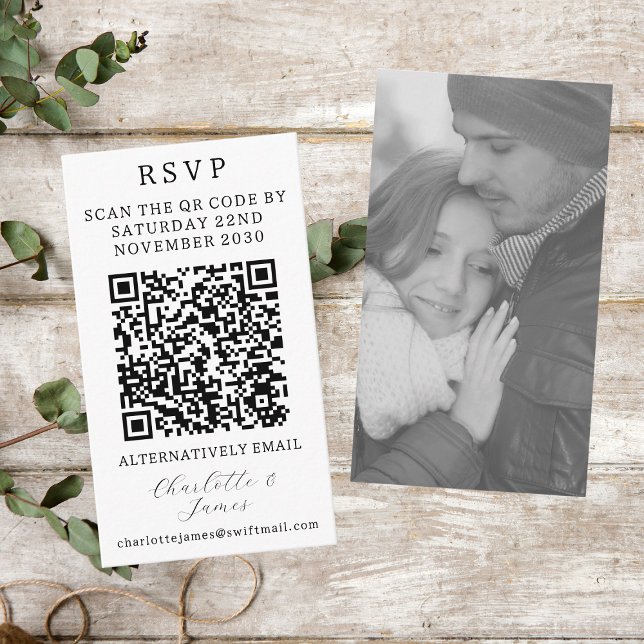 Elegant RSVP | Black And White Photo QR Code Enclosure Card (Front And Back)