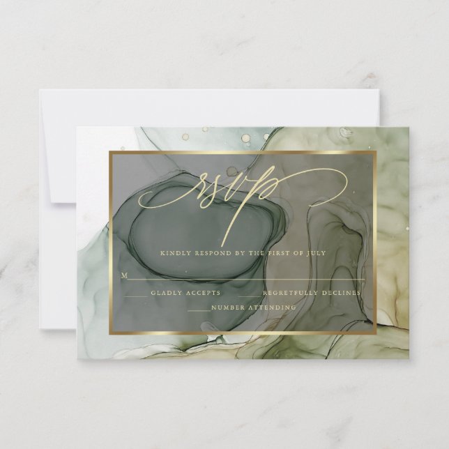 Elegant RSVP Deep Forest Drab Green Marbled Ink  (Front)