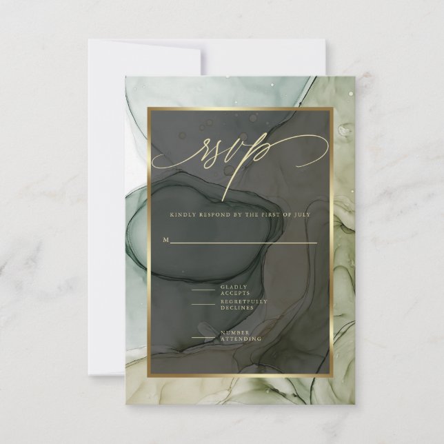 Elegant RSVP Deep Forest Drab Green Marbled Ink  (Front)