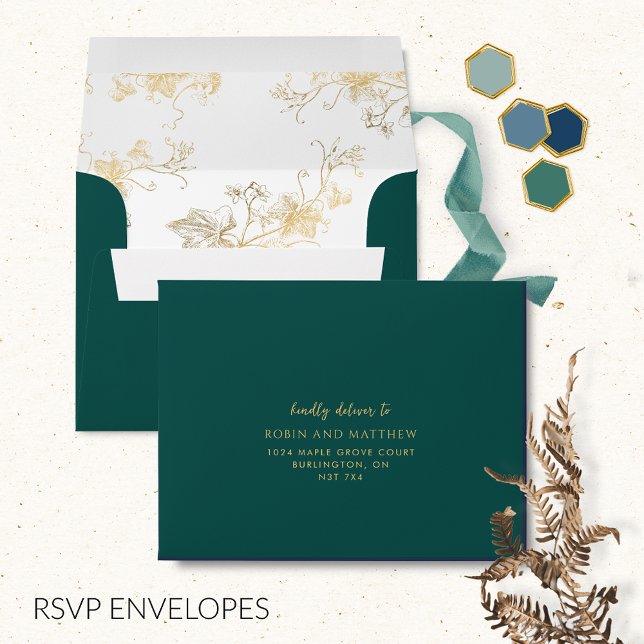 Elegant RSVP Green with Gilded Floral Envelope (Creator Uploaded)